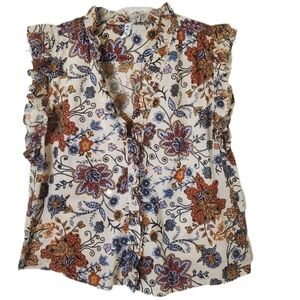 Revel Women's Cream Floral Cotton Flutter Sleeve‎ Ruffled Button Up Blouse Shirt